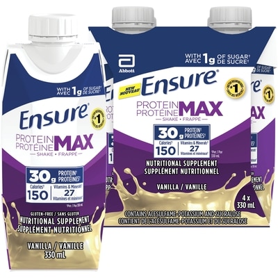 Ensure Ensure Protein Max 30 g Nutrition Shake Supplement, Vanilla Protein Drink with 30 g of High-Quality Protein, 1 g of Sugar, 330 mL (Pack of 4), 1320 mL 4x330.0 ml, $1.29/100ml