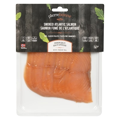 Pierrebonne Saumon fumé de l'atlantique filets pré-tranchés 180 g, 10,55 $/100g