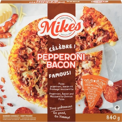 Mikes Pepperoni, Bacon and Mozzarella Cheese Pizza 840 g, $1.43/100g
