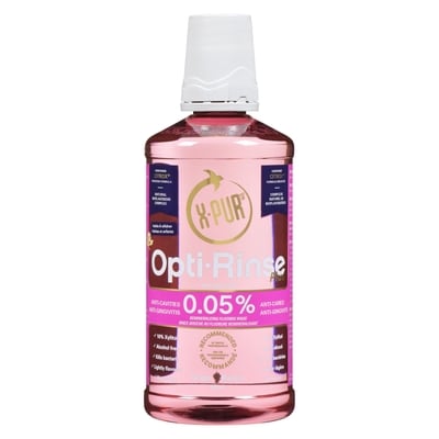 X-Pur Opti-rinse plus rince-bouche au fluorure reminéralisant 0.05 % adultes et enfants raisin 500 ml, 2,40 $/100ml