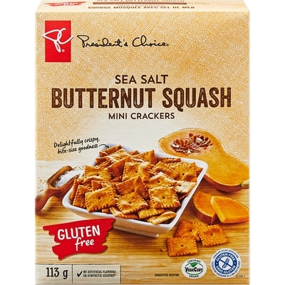 President's Choice Gluten Free Sea Salt Butternut Squash Mini Crackers 113 g, $5.31/100g