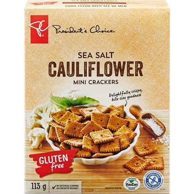 President's Choice Gluten Free Sea Salt Cauliflower Mini Crackers 113 g, $5.31/100g