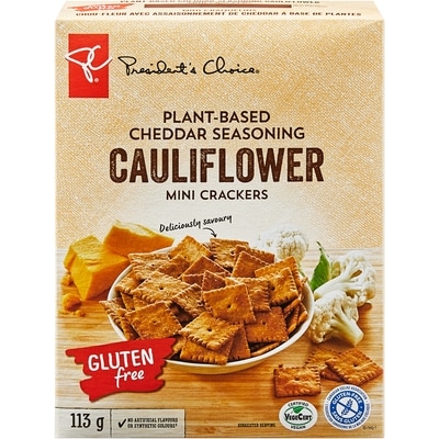 President's Choice Gluten Free Plant Based Cheddar Seasoning Cauliflower Mini Crackers 113 g, $5.31/100g