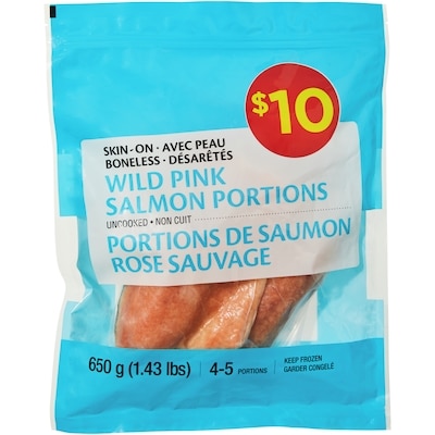 null Skin-On Boneless Wild Pink Salmon Portions 650 g, $1.54/100g