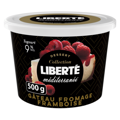 Liberté Yogourt Méditerranée 9 %, gâteau au fromage aux framboises 500 g, 0,95 $/100g