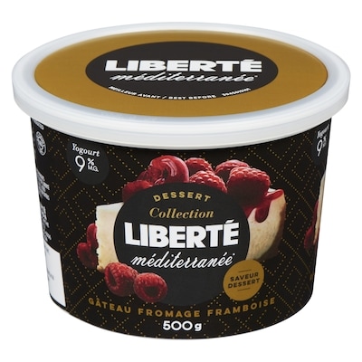 Liberté Yogourt Méditerranée 9 %, gâteau au fromage aux framboises 500 g, 1,20 $/100g