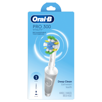 Oral B Pro 300 Floss Action Vitality Electric Toothbrush with (1) Floss Action Brush Head, Rechargeable, White 1 ea, $25.00/1ea