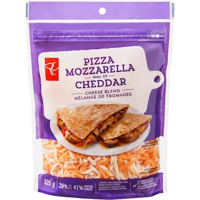 President's Choice Pizza Mozzarella and Cheddar Shredded Cheese Blend 320 g, $1.49/100g