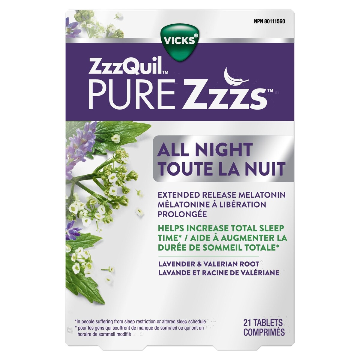 Vicks ZZZquil pure zzzs melatonine lavande racine valeriane toute nuit 21 ea, 0,95 $/1ch
