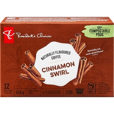 President's Choice PC® Cinnamon Swirl Naturally Flavoured Single Serve Coffee Pods 12 ea, $0.83/1ea