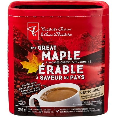 le Choix du Président Café aromatisé au sirop d’érable mouture fine À saveur du pays PCᴹᴰ 250 g, 3,20 $/100g