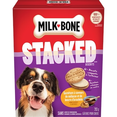 Milk-Bone Stacked biscuits gâteries pour chiens garniture à saveurs de mélasse et de beurre d'arachide 283 g, 2,29 $/100g