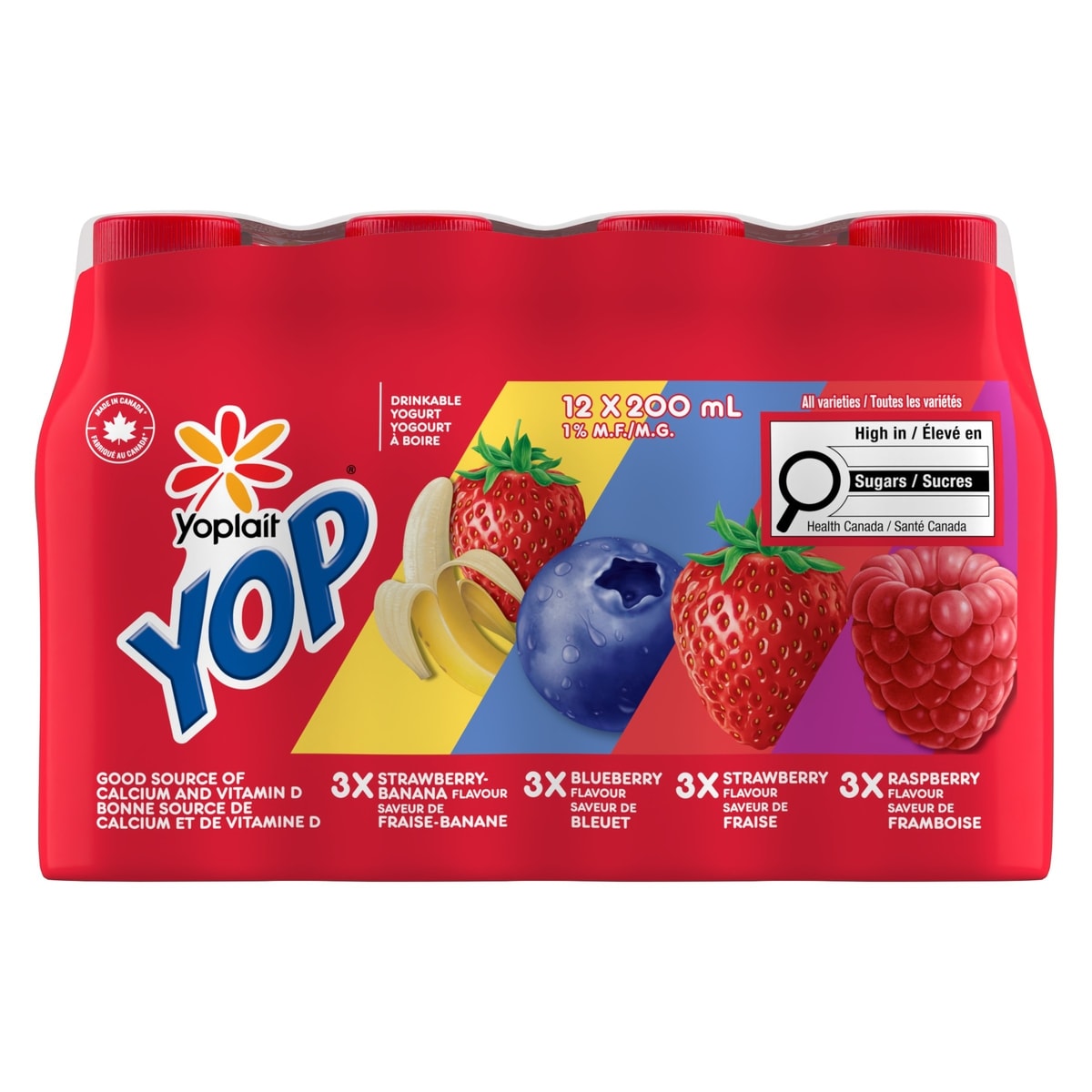 Yoplait Yop 1% Drinkable Yogurt Strawberry Blueberry Raspberry and Strawberry Banana