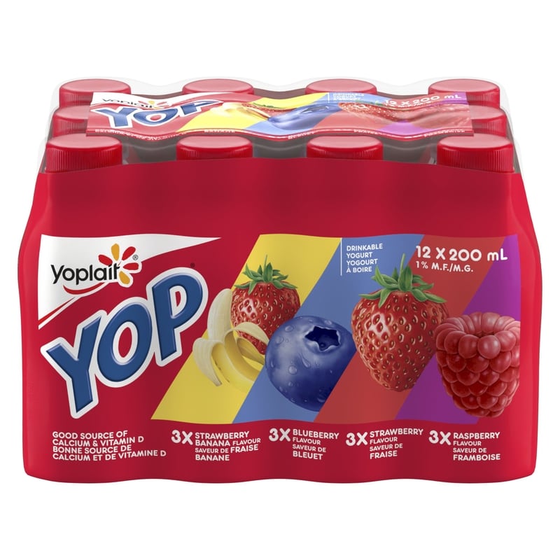 Yop 1% Drinkable Yogurt Pack, Strawberry, Blueberry, Raspberry, and Strawberry Banana, Yogurt Drinks