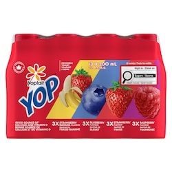 Yoplait Paquet de yogourts Ă boire Yop 1 %, fraises, bleuets, framboises et fraises-bananes, boissons au yogourt 12x200.0 ml, 0,60Â $/100ml