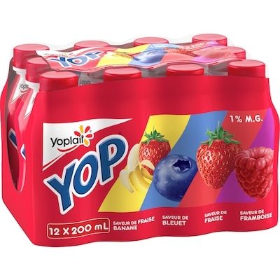 Yoplait Paquet de yogourts à boire Yoplait Yop 1 %, fraises, bleuets, framboises et fraises-bananes, boissons au yogourt 12x200.0 ml, 0,48 $/100ml