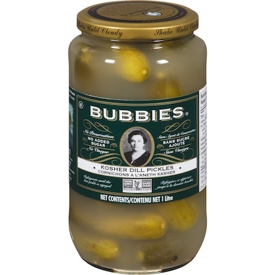 Bubbies Cornichons a l'aneth kasher 1 l, 1,50 $/100ml