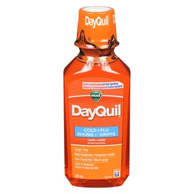 Vicks DayQuil rhume, grippe, congestion, sans somnolence, maux de tête, fièvre, mal de gorge, courbatures et douleurs mineures, tête lourde, toux 354 ml, 4,52 $/100ml