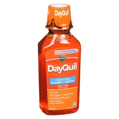 Vicks DayQuil rhume, grippe, congestion, sans somnolence, maux de tête, fièvre, mal de gorge, courbatures et douleurs mineures, tête lourde, toux 354 ml, 4,38 $/100ml