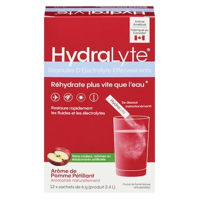 Hydralyte Granulés d'electrolytes effervescents, pomme 12 ea, 1,58 $/1ch
