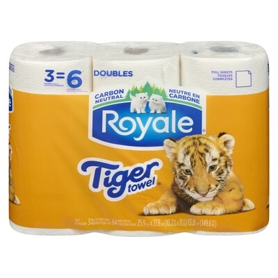 Royale Tiger Towel Fort en Tigre, 3 Roul. Doubles = 6 Roul., 64 Feuilles Compl. Par Rouleau 3x3.0 ea, 3,83 $/1ch