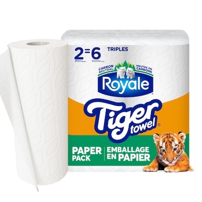 Royale Tiger Towel Recyclable Paper Packaging, 2 Equal 6 Paper Towel Rolls, 147 Sheets per Roll 2x2.0 ea, $4.25/1ea