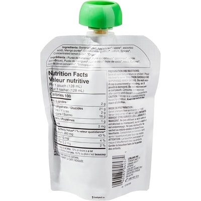Nourriture pour bébé, bananes, pommes et mangues avec lait de coco