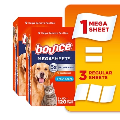 Bounce Pet Hair and Lint Guard Mega Dryer Sheets with 3X Pet Hair Fighters, Fresh Scent, 120 Count 120 ea, $0.12/1ea