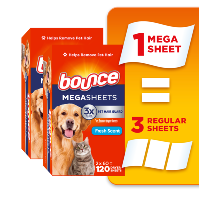 Bounce Pet Hair and Lint Guard Mega Dryer Sheets with 3X Pet Hair Fighters, Fresh Scent, 120 Count 120 ea, $0.09/1ea