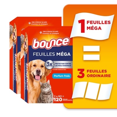 Bounce Feuilles assouplissantes méga Pet Hair and Lint Guard avec 3X les anti-poils d’animaux, parfum Frais, 120 feuilles 120 ea, 0,12 $/1ch