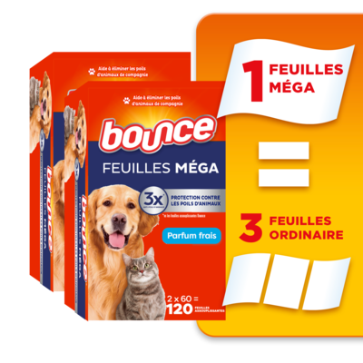 Bounce Feuilles assouplissantes méga Pet Hair and Lint Guard avec 3X les anti-poils d’animaux, parfum Frais, 120 feuilles 120 ea, 0,10 $/1ch