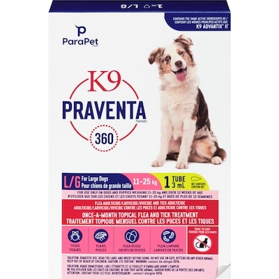 K9 Praventa 360 Traitement topique mensuel contre les puces et les tiques pour chiens de 11 à 25 kg, dose unique 1 ea, 22,49 $/1ch