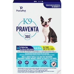 K9 Praventa 360 Traitement topique mensuel contre les puces et les tiques pour chiens de 4,6 à 11 kg, dose unique 1 ea, 23,99 $/1ch