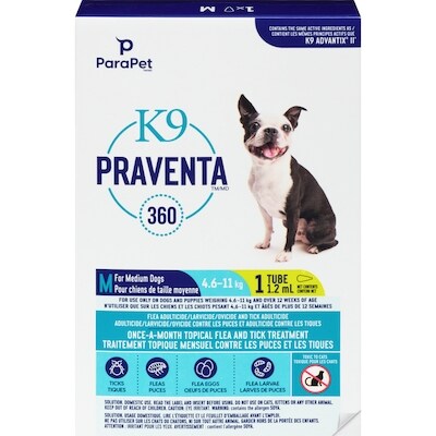K9 Praventa 360 Traitement topique mensuel contre les puces et les tiques pour chiens de 4,6 à 11 kg, dose unique 1 ea, 23,99 $/1ch