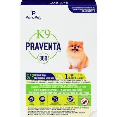 K9 Praventa 360 Traitement topique mensuel contre les puces et les tiques pour chiens pesant jusqu’à 4,5 kg, dose unique 1 ea, 30,99 $/1ch