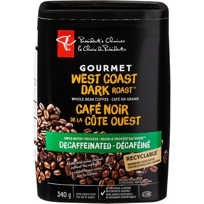 President's Choice Gourmet West Coast Dark Roast Swiss Water Process Decaffeinated Whole Bean Coffee 340 g, $3.53/100g