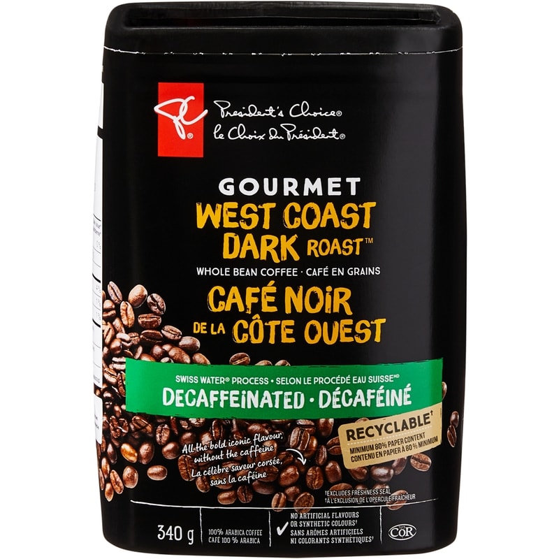 Gourmet West Coast Dark Roast Swiss Water Process Decaffeinated Whole Bean Coffee