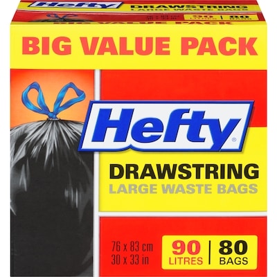 Hefty Drawstring Large Waste Bags Big Value Pack 90 L 80 ea, $0.25/1ea
