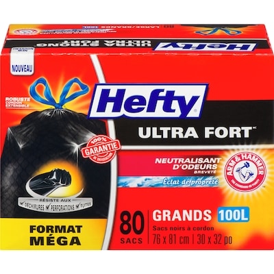 Hefty Ultra fort sacs noirs à cordon grands 100 l format méga 80 ea, 0,40 $/1ch
