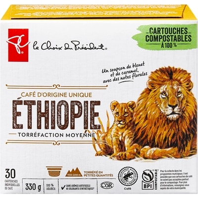le Choix du Président Cartouches individuelles de café d’origine unique Éthiopie torréfaction moyenne PCᴹᴰ 30 ea, 0,77 $/1ch