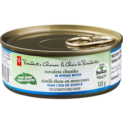 President's Choice Plant Based Tunaless Chunks in Spring Water 110 g, $1.81/100g