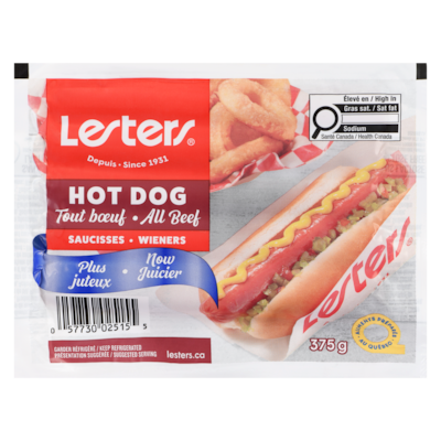 Lesters Saucisses tout boeuf 375 g, 2,13 $/100g