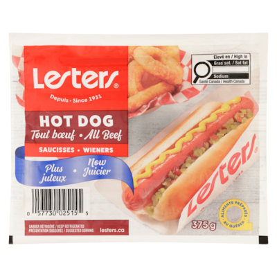 Lesters Saucisses tout boeuf 375 g, 2,40 $/100g