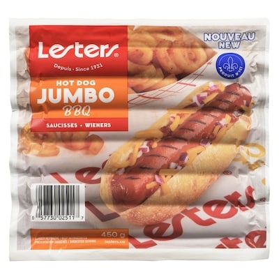 Lesters Hot Dog Wieners Jumbo Bbq 450 g, $1.11/100g
