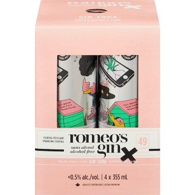Romeo's Gin Gin soda cocktail pétillant melon d'eau + lime 4x355.0 ml, 0,74 $/100ml