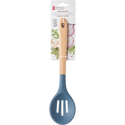 President's Choice Beechwood Slotted Spoon with Silicone Head - Blue 1 ea, $8.00/1ea
