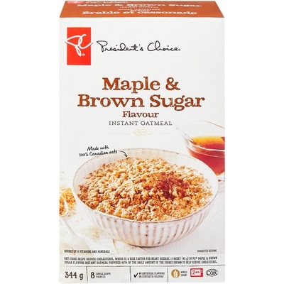 President's Choice Instant Oatmeal, Maple & Brown Sugar 344 g, $1.31/100g