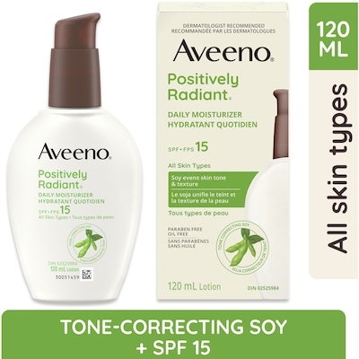 Aveeno Positively Radiant Daily Moisturizer SPF 15, Dry Skin Lotion, Face Cream, Hypoallergenic, Soy Formula 120 ml, $20.00/100ml