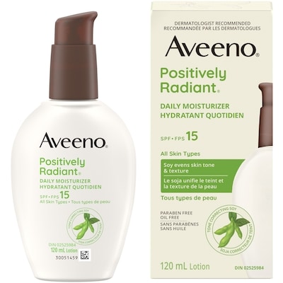 Aveeno Hydratant quotidien  Positively Radiant, FPS 15, lotion pour la peau sèche, crème pour le visage, hypoallergénique, formule à base de soja 120 ml, 20,00 $/100ml