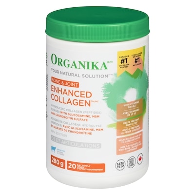 Organika Enhanced collagen poudre de collagène hydrolysé (peptides) avec glucosamine, msm et sulfate de chondroïtine os et articulations 280 g, 15,71 $/100g
